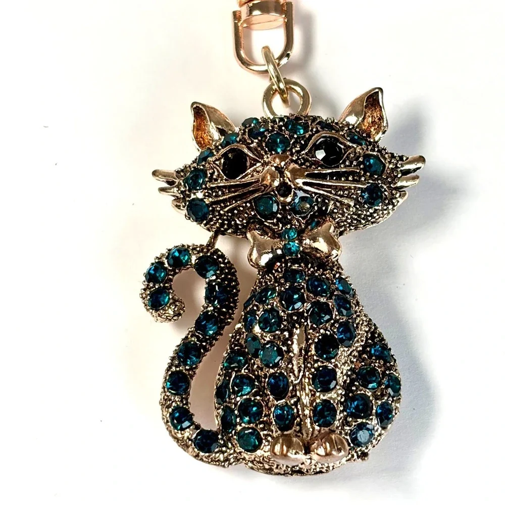 Whimsical Keychain Cat‎ Emerald Teal Rhinestone Gold Boho Bag Charm Gift Kitty